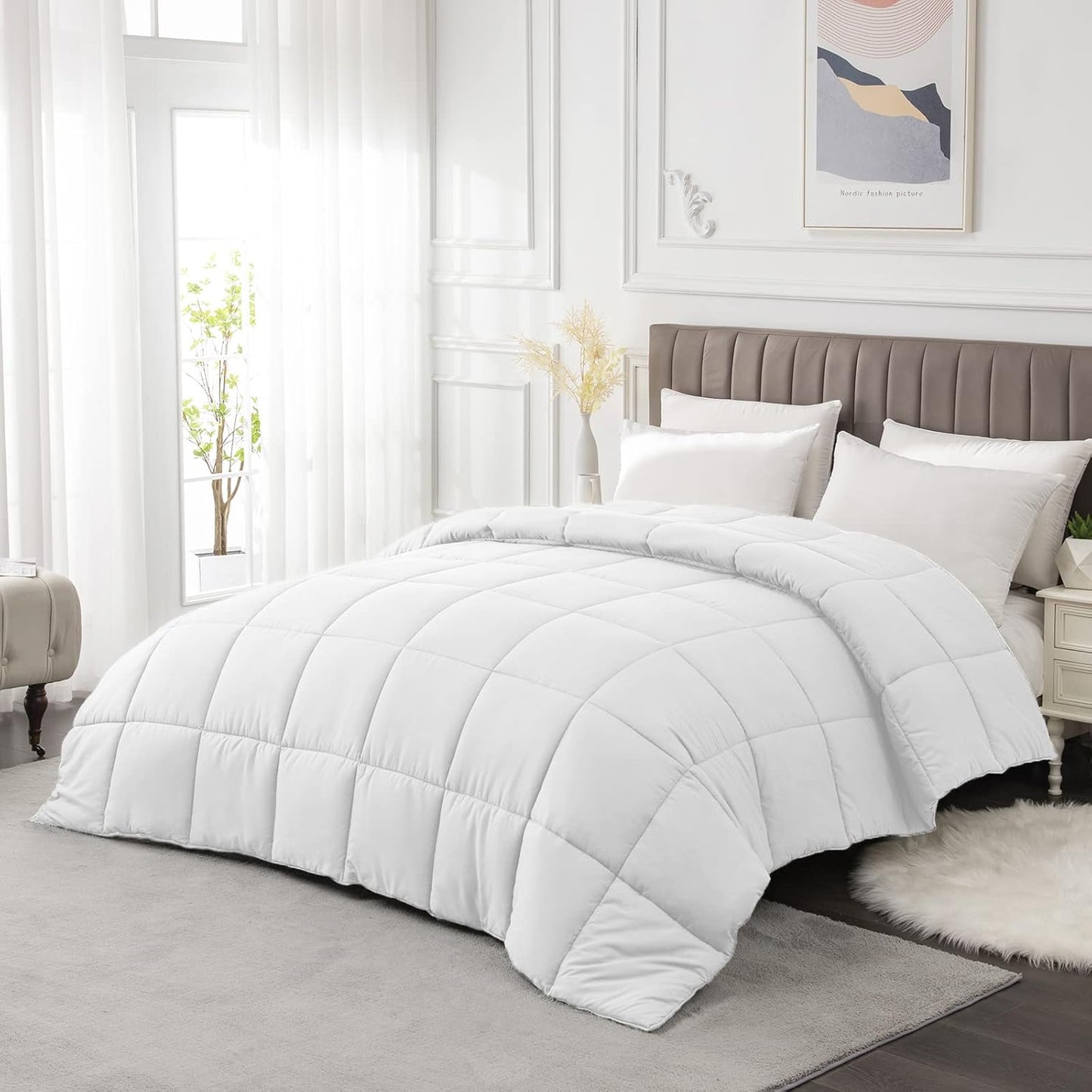 Queen Size Comforter Duvet Insert - All Season White Quilted down Alternative Bedding Comforter with Corner Tabs - Winter Summer Fluffy Soft - Machine Washable