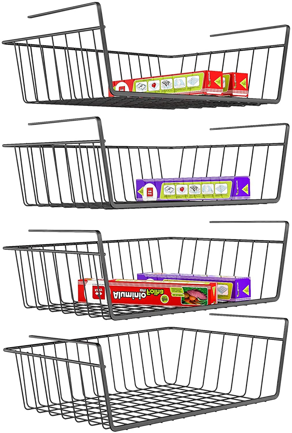 under Shelf Basket, 4 Pack under Cabinet Organizer Easy to Install and Use Versatile Metal Pantry Organizer Add Storage to Kitchen Cabinet Pantry Cupboards and Shelves, Black