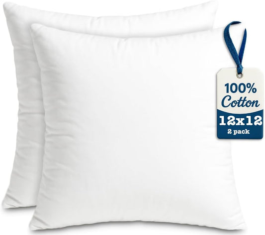 Throw Pillow Inserts 100% Cotton 2 Pack 12X12 Pillow Inserts for Decorative Pillows for Couch and Bed Indoor Cotton Pillow Stuffing