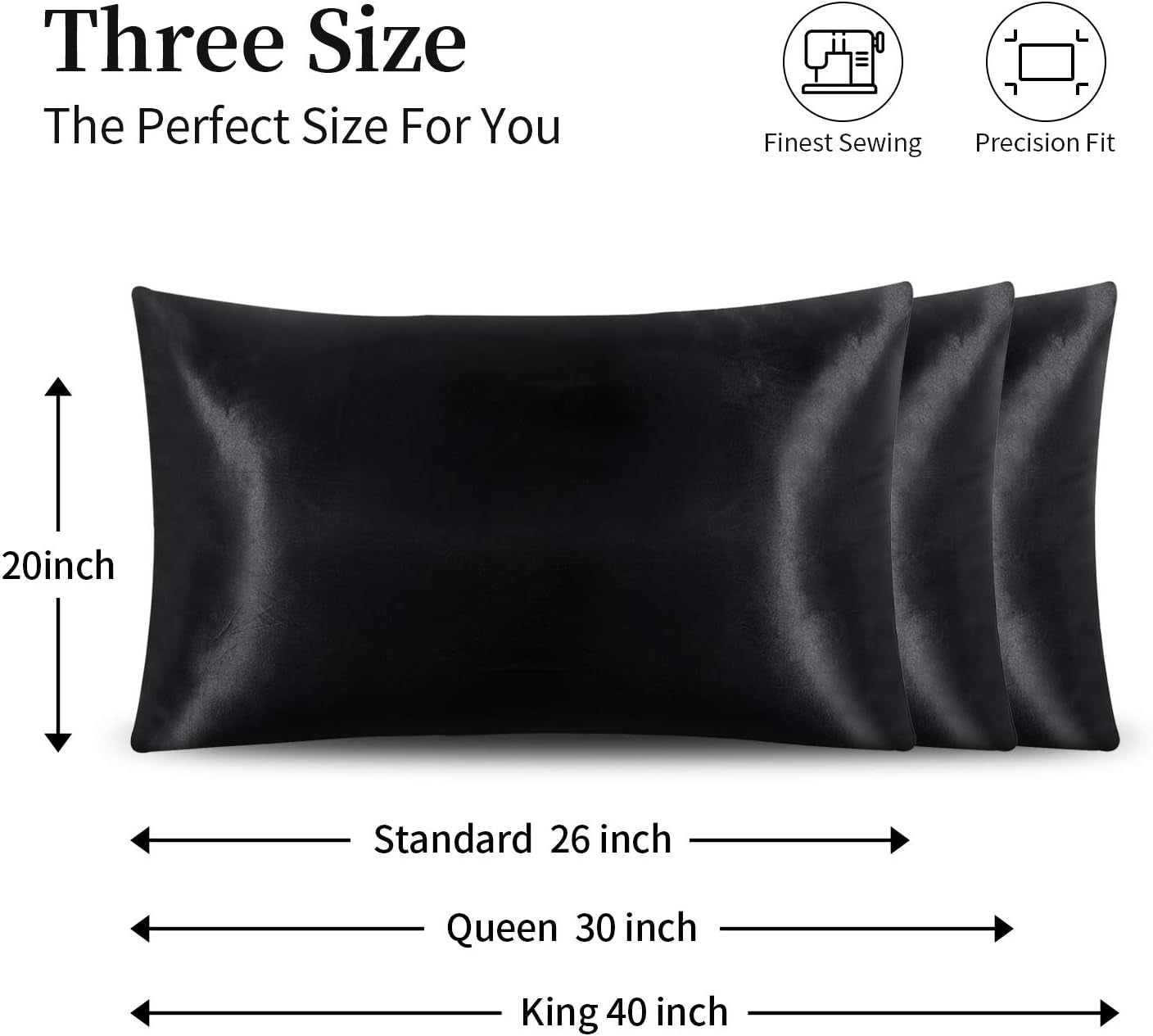 Satin Pillowcase for Hair and Skin, Silk Pillowcase 2 Pack Standard Size with Envelop Closure, Gifts for Women Men (Black, 20”X26”,2Pcs)