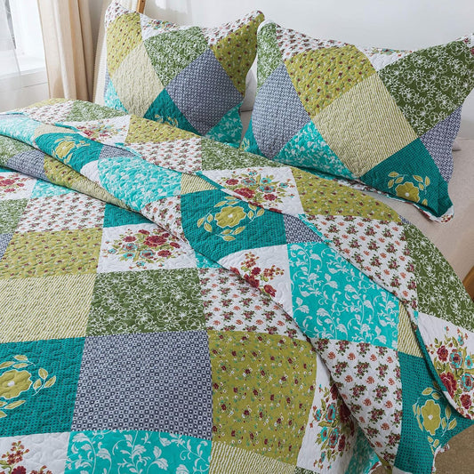 Quilt Set King Size - 3 Piece Microfiber Bedspread Reversible Coverlet Patchwork Bedding Set Lightweight Bedcover Floral Bedspreads All Season Quilts-Turquoise