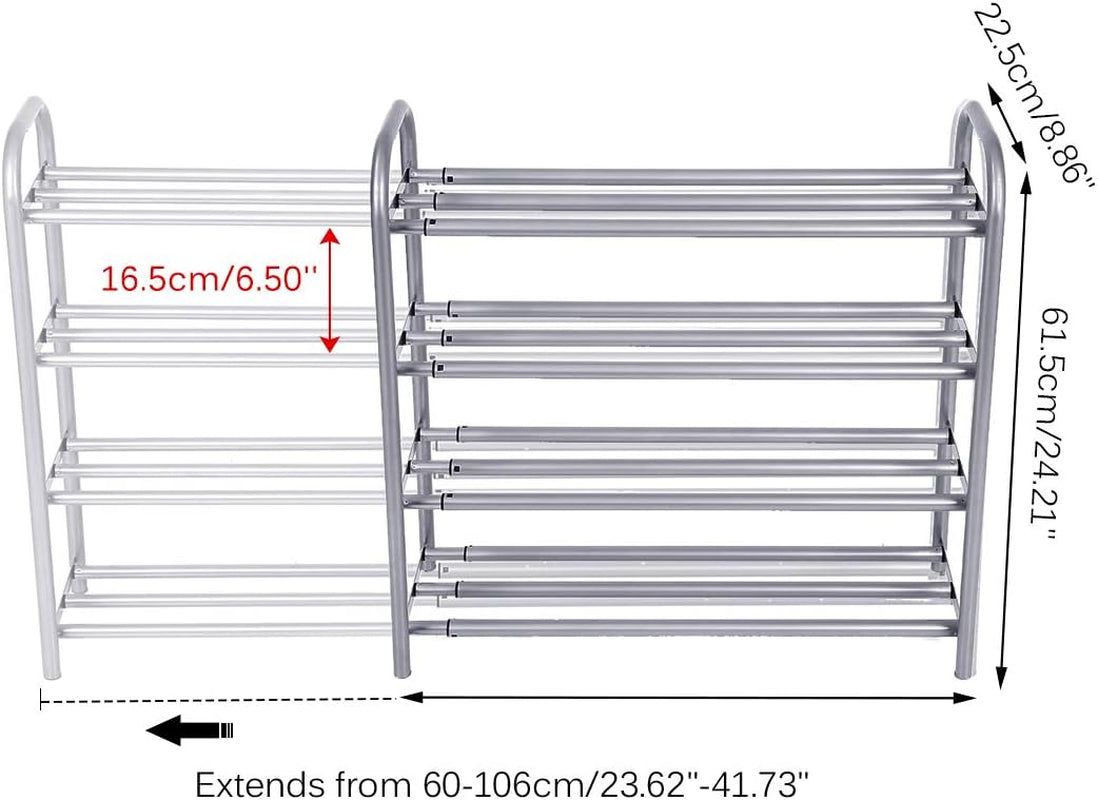 Shoe Rack Organizer for Closet Entryway, 4 Tiers Adjustable Heavy Duty Metal Shoe Storage Shelf, Large Enough for 20+ Pairs of Shoes (23.6"~41.7"X8.9"X24.2")(Silver)