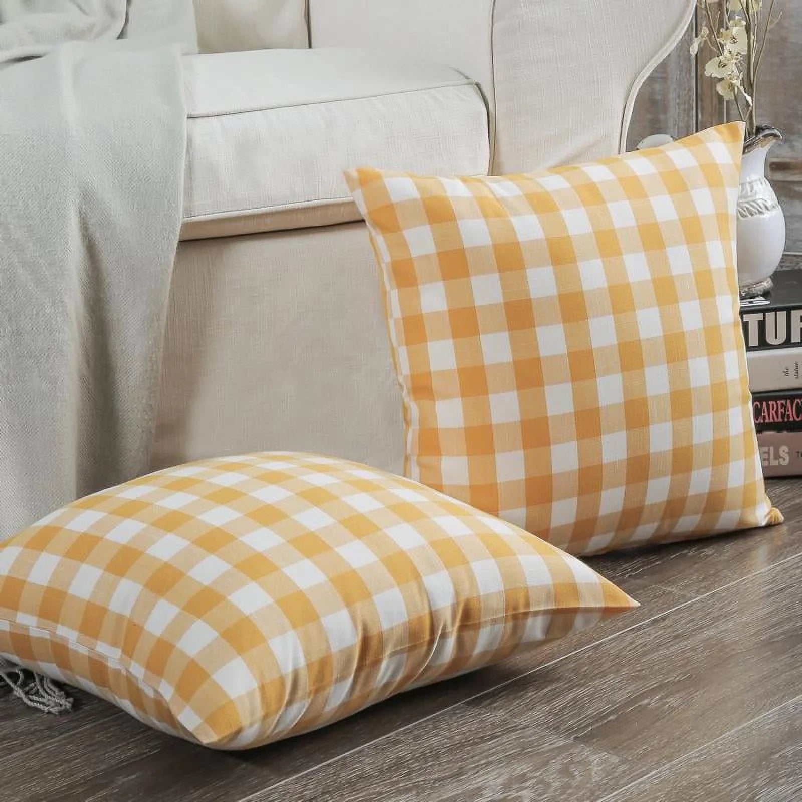 Classic Retro Checkers Plaids Series Decorative Throw Pillow, 18" X 18", Yellow, 2 Pack
