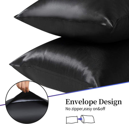 Satin Pillowcase for Hair and Skin, Silk Pillowcase 2 Pack Standard Size with Envelop Closure, Gifts for Women Men (Black, 20”X26”,2Pcs)