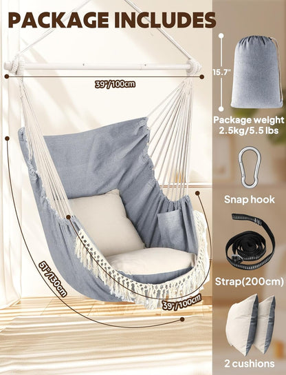 Hammock Chair Hanging Swing Max 500 Lbs 2 Cushions Included Metal Spreader Bar with Anti-Slip Grooves Portable Hanging Chair Side Pocket Large Macrame Bohemian Chair Indoor Outdoor