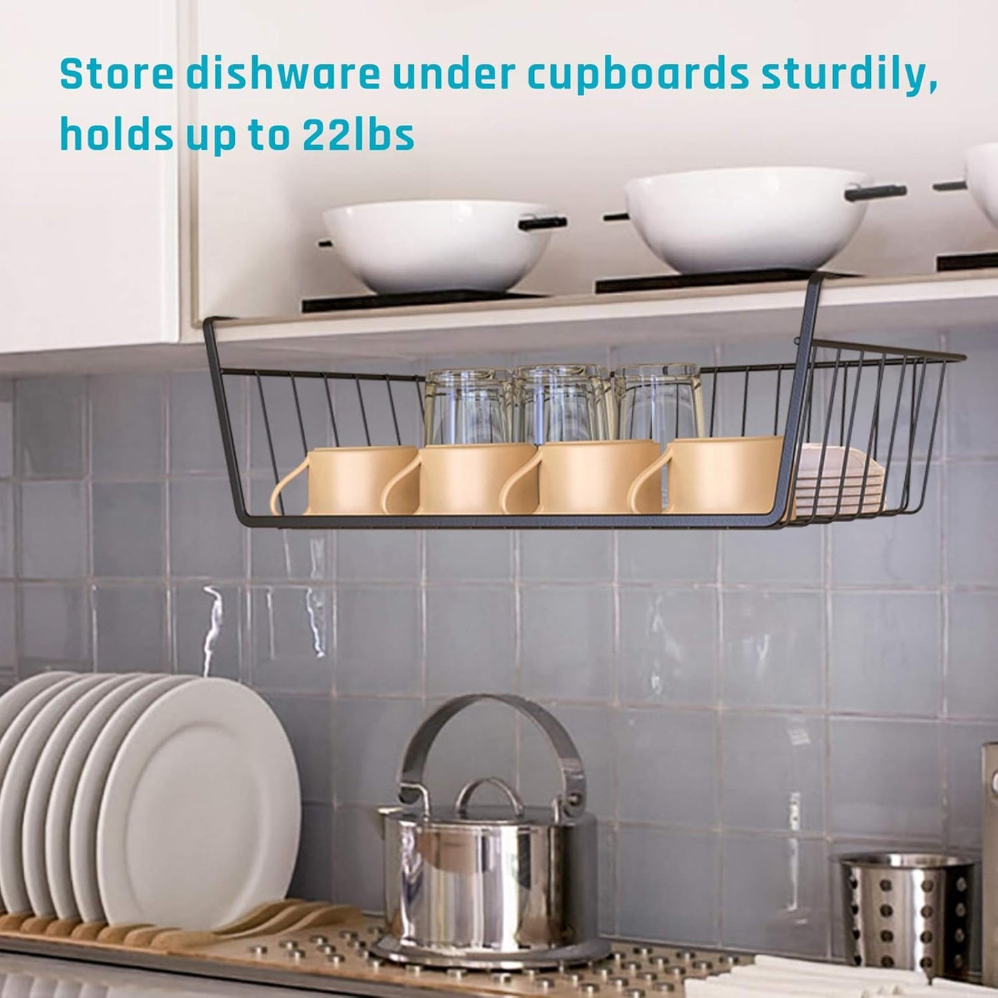 under Shelf Basket, 4 Pack under Cabinet Organizer Easy to Install and Use Versatile Metal Pantry Organizer Add Storage to Kitchen Cabinet Pantry Cupboards and Shelves, Black