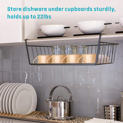 under Shelf Basket, 4 Pack under Cabinet Organizer Easy to Install and Use Versatile Metal Pantry Organizer Add Storage to Kitchen Cabinet Pantry Cupboards and Shelves, Black