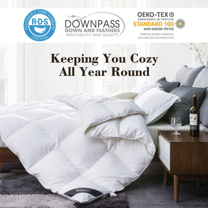 King Size down Comforter - All Season Duvet Insert with Medium Warmth, Soft and Noiseless Shell,8 Corner Tabs, and Machine Washable - White