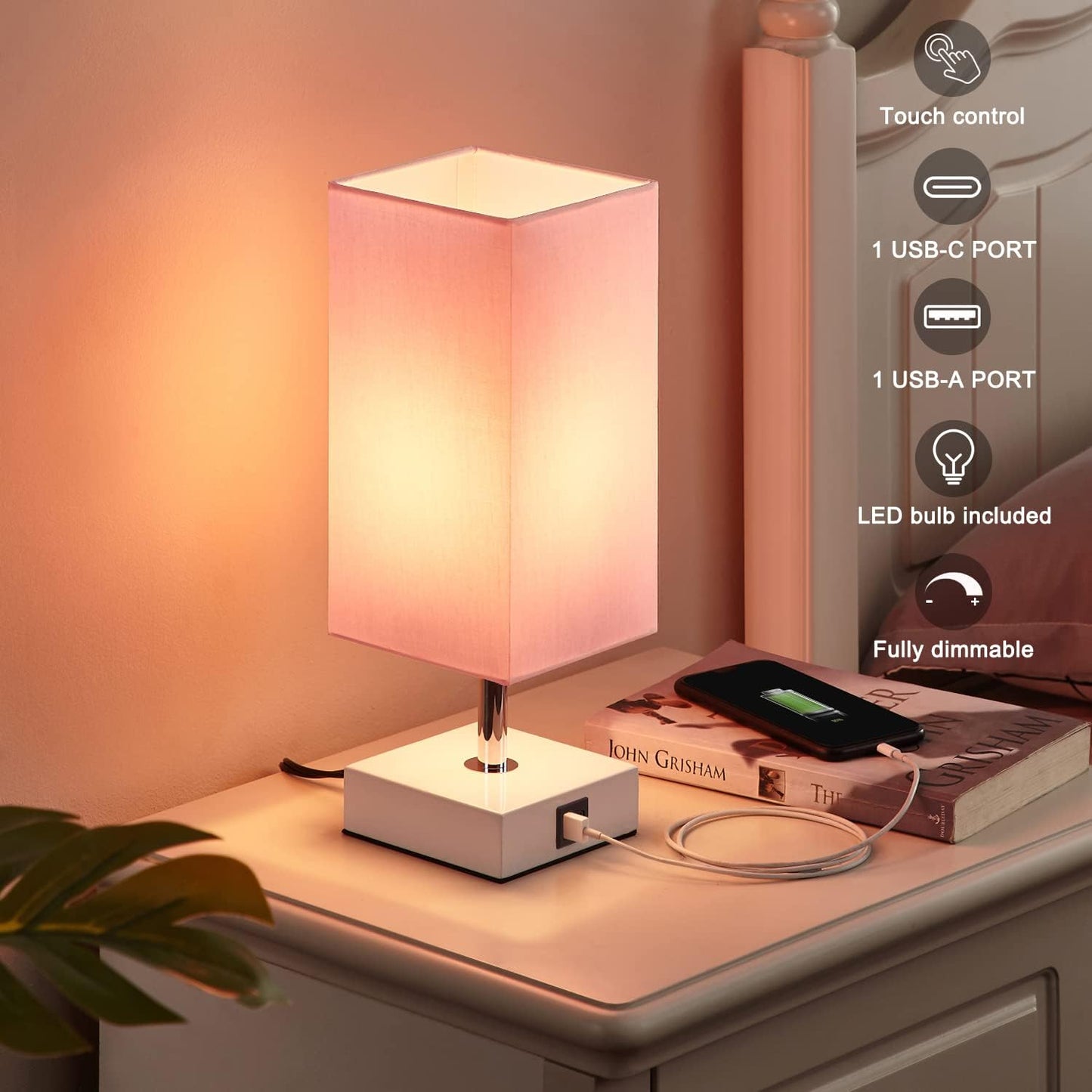 Touch Control Table Lamp with 2 USB Charging Ports, 3 Way Touch Lamps beside Desk, Nightstand Lamp for Bedrooms Living Room, Pink Shade with White Base, LED Bulb Included(Pink)