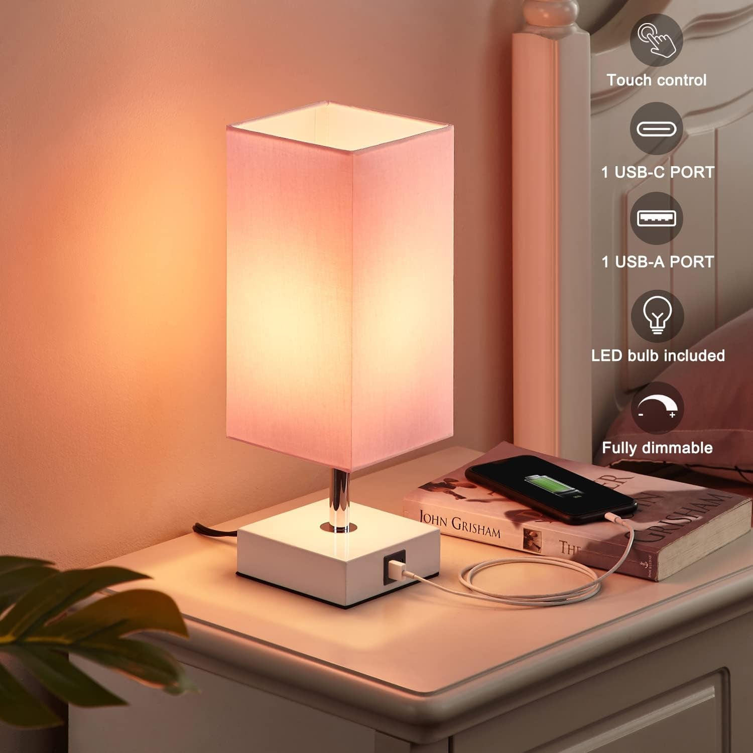 Touch Control Table Lamp with 2 USB Charging Ports, 3 Way Touch Lamps beside Desk, Nightstand Lamp for Bedrooms Living Room, Pink Shade with White Base, LED Bulb Included(Pink)