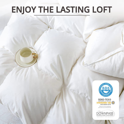 King Size down Comforter - All Season Duvet Insert with Medium Warmth, Soft and Noiseless Shell,8 Corner Tabs, and Machine Washable - White