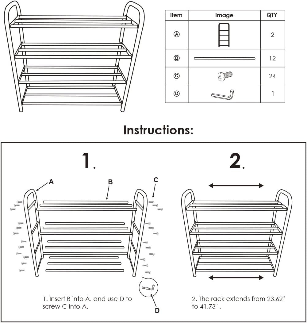 Shoe Rack Organizer for Closet Entryway, 4 Tiers Adjustable Heavy Duty Metal Shoe Storage Shelf, Large Enough for 20+ Pairs of Shoes (23.6"~41.7"X8.9"X24.2")(Silver)