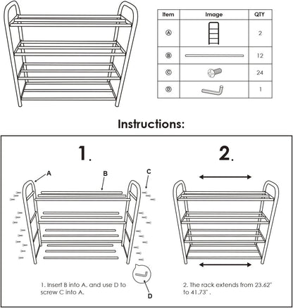 Shoe Rack Organizer for Closet Entryway, 4 Tiers Adjustable Heavy Duty Metal Shoe Storage Shelf, Large Enough for 20+ Pairs of Shoes (23.6"~41.7"X8.9"X24.2")(Silver)