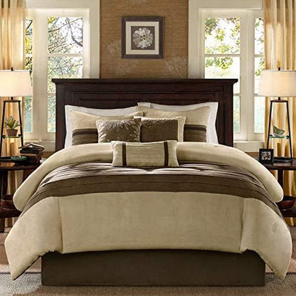 Palmer Comforter Set-Luxury Faux Suede Design, Striped Accent, All Season down Alternative Bedding, Matching Shams, Decorative Pillow, Bed Skirt, Queen (90 in X 90 In), Natural 7 Piece