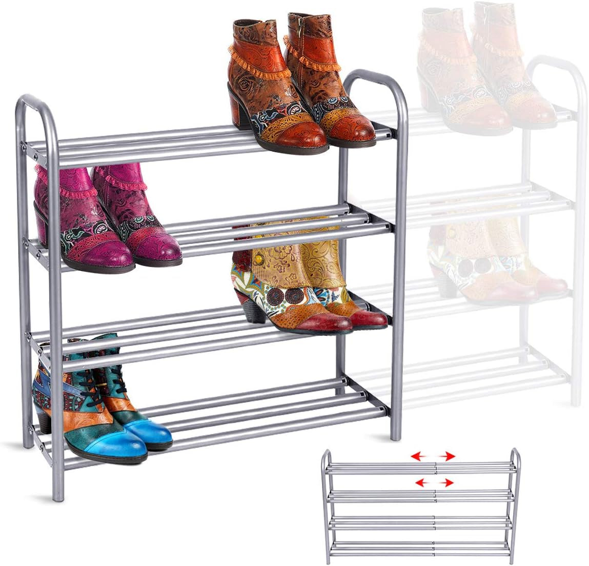 Shoe Rack Organizer for Closet Entryway, 4 Tiers Adjustable Heavy Duty Metal Shoe Storage Shelf, Large Enough for 20+ Pairs of Shoes (23.6"~41.7"X8.9"X24.2")(Silver)
