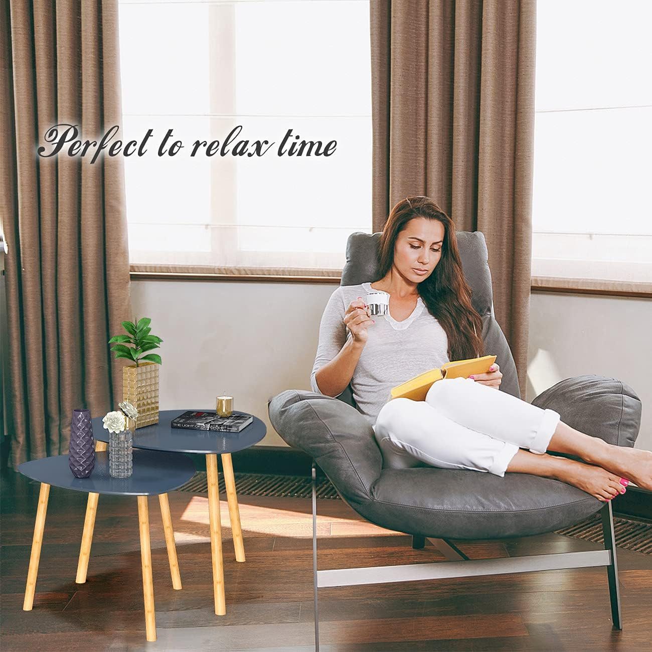 Nesting Table Set of 2 Bamboo End Table for Living Room Side Table for Bedroom Triangle Modern Coffee Table (Gray)