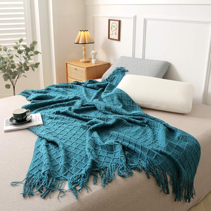 Teal Throw Blankets, Knit Throw Blanket, Boho Throw Blanket for Couch,Bed, Farmhouse Throw Blanket, Lightweight Woven Throw Blanket, Decorative Throw Blanket (50"X60")