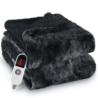 Heated Blanket Electric Throw 50" X 60", Soft Faux Fur & Shu Velvet Heated Throw Blanket, 6 Heating Levels, 4 Hours Timer, Tie-Dye off Black