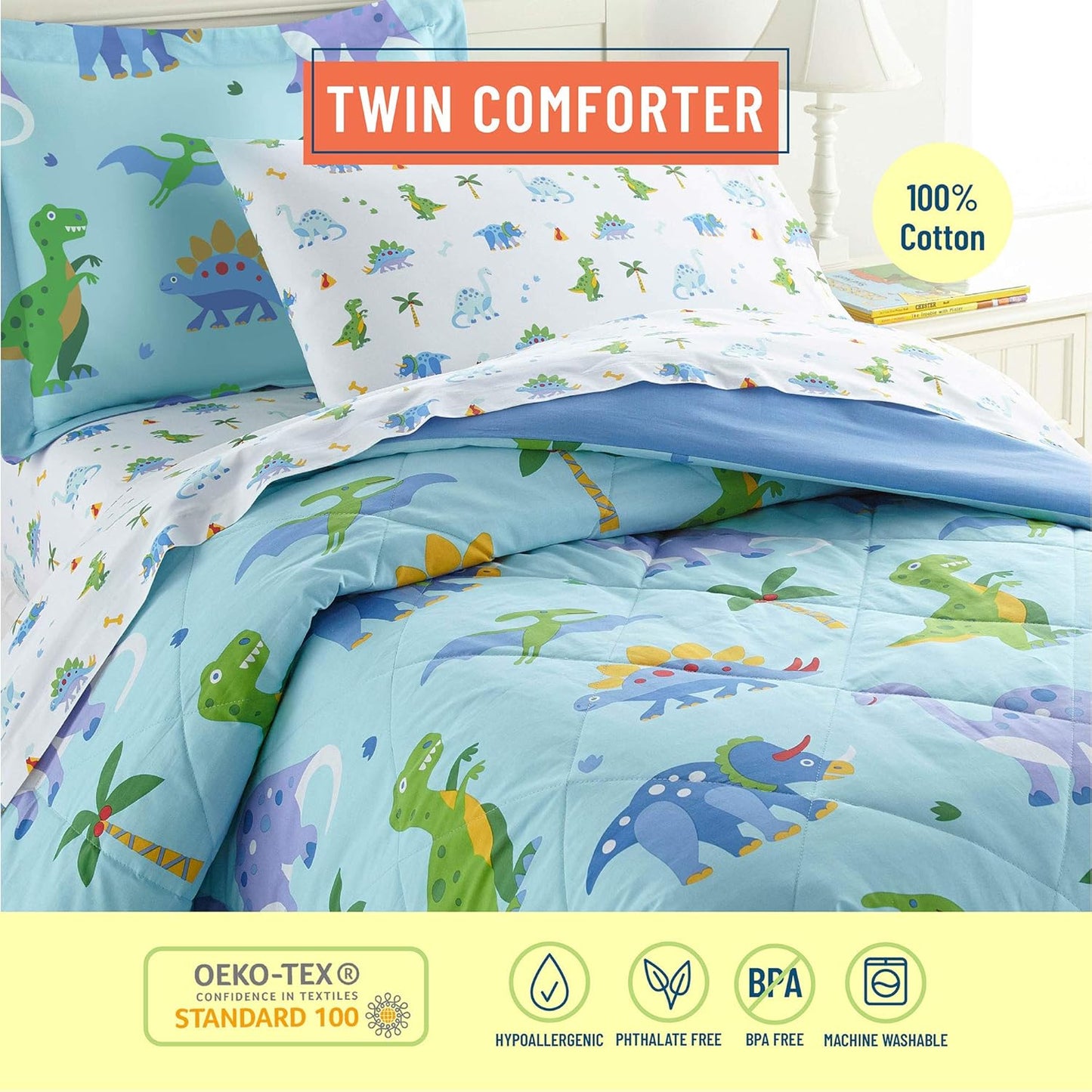 Kids Cotton Twin Comforter Set – Lightweight, Fits Twin Mattress, One Pillow Shams Included - Dinosaur Land