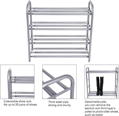 Shoe Rack Organizer for Closet Entryway, 4 Tiers Adjustable Heavy Duty Metal Shoe Storage Shelf, Large Enough for 20+ Pairs of Shoes (23.6"~41.7"X8.9"X24.2")(Silver)
