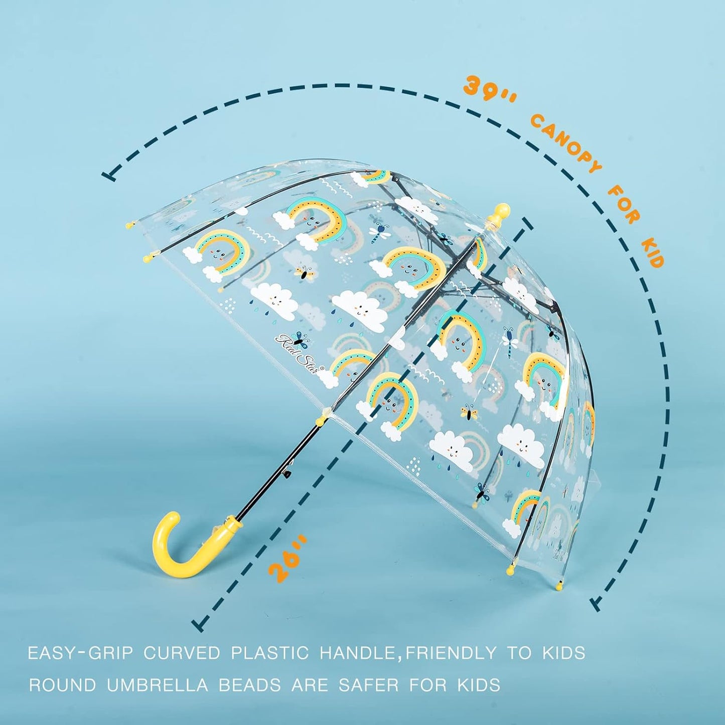Kids Clear Bubble Umbrella with an Easy Grip Curved Handle, Safety Transparent Dome Bubble Umbrella for Toddler Boys Girls