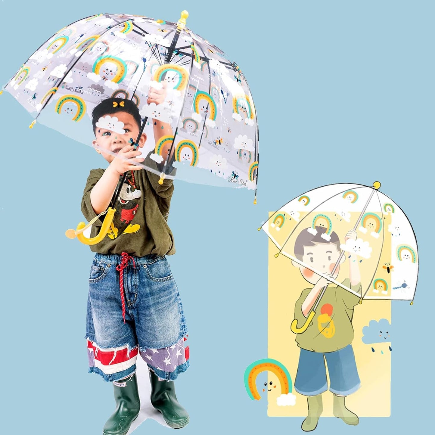 Kids Clear Bubble Umbrella with an Easy Grip Curved Handle, Safety Transparent Dome Bubble Umbrella for Toddler Boys Girls